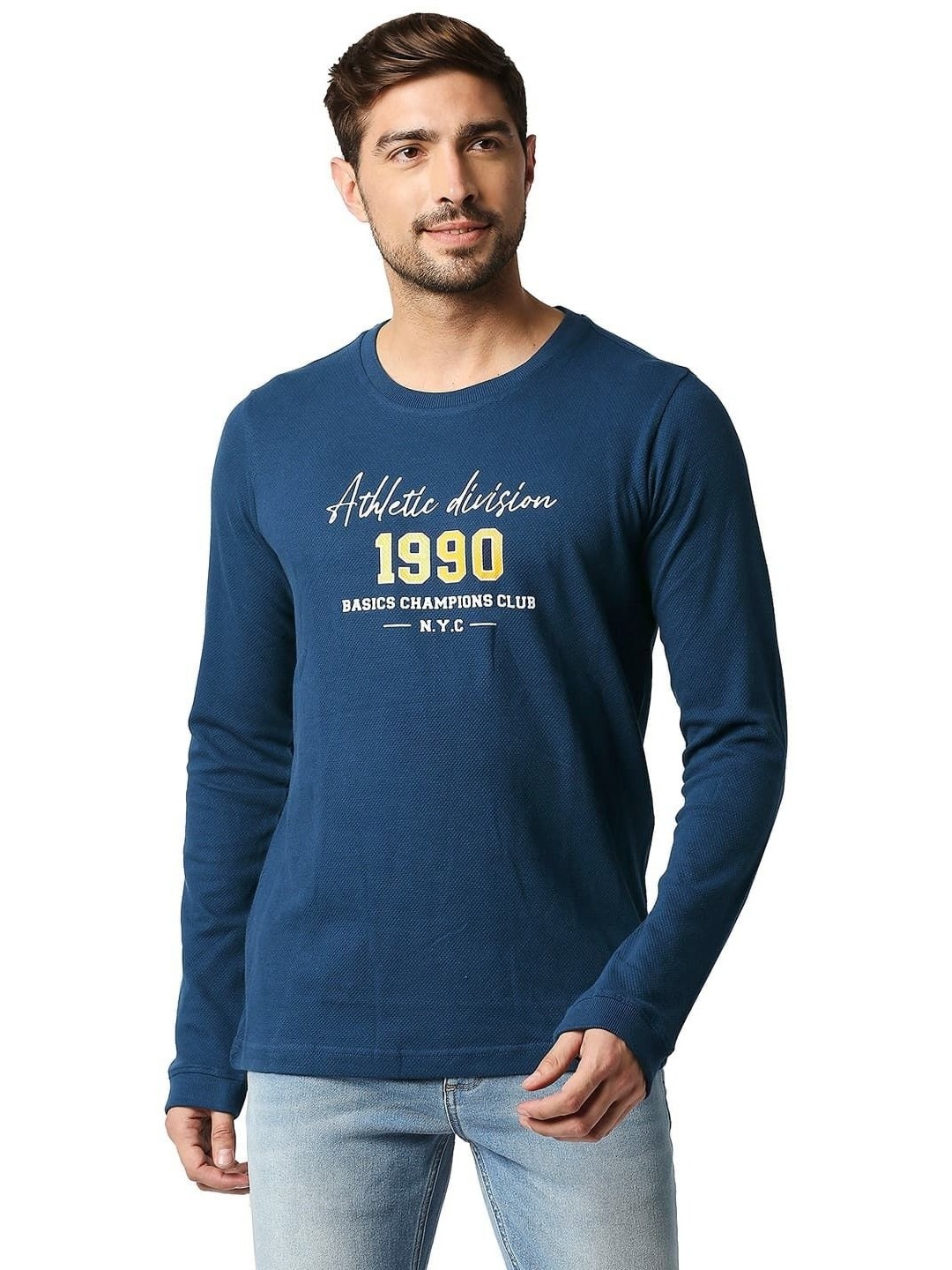 Basics Men Typography Printed Round Neck Cotton T-shirt, Navy blue
