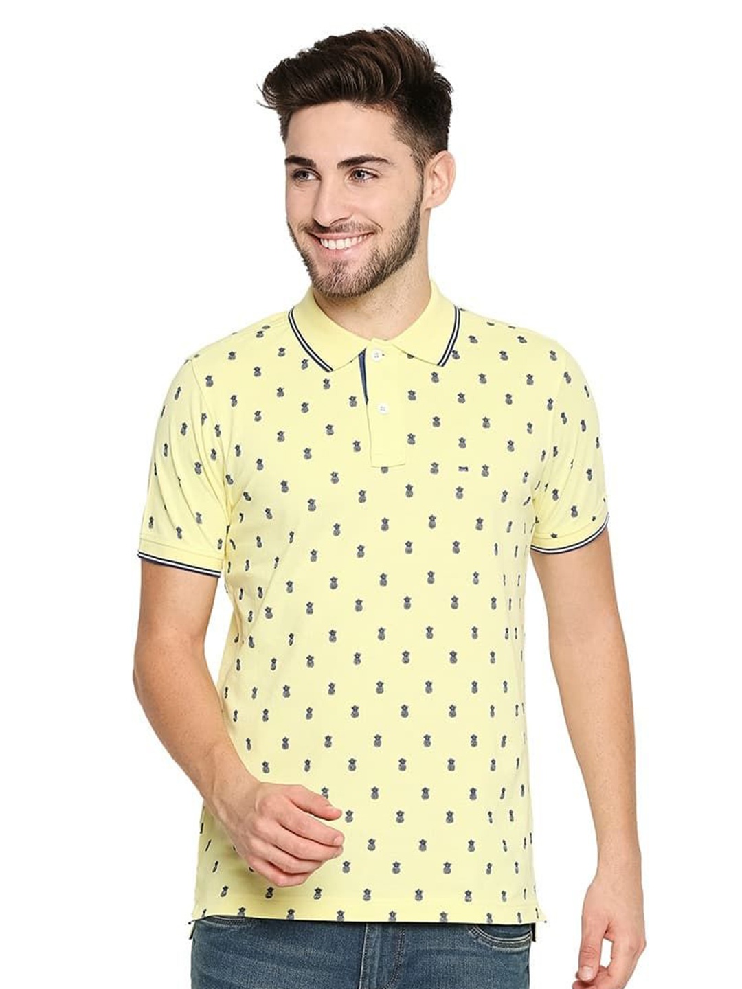 

Basics Men Conversational Printed Polo Collar Cotton T-shirt, Yellow
