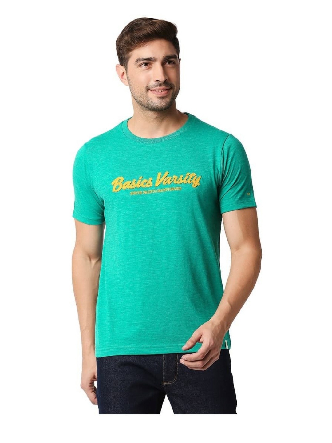 Basics Men Typography Printed Round Neck Cotton T-shirt, Sea green