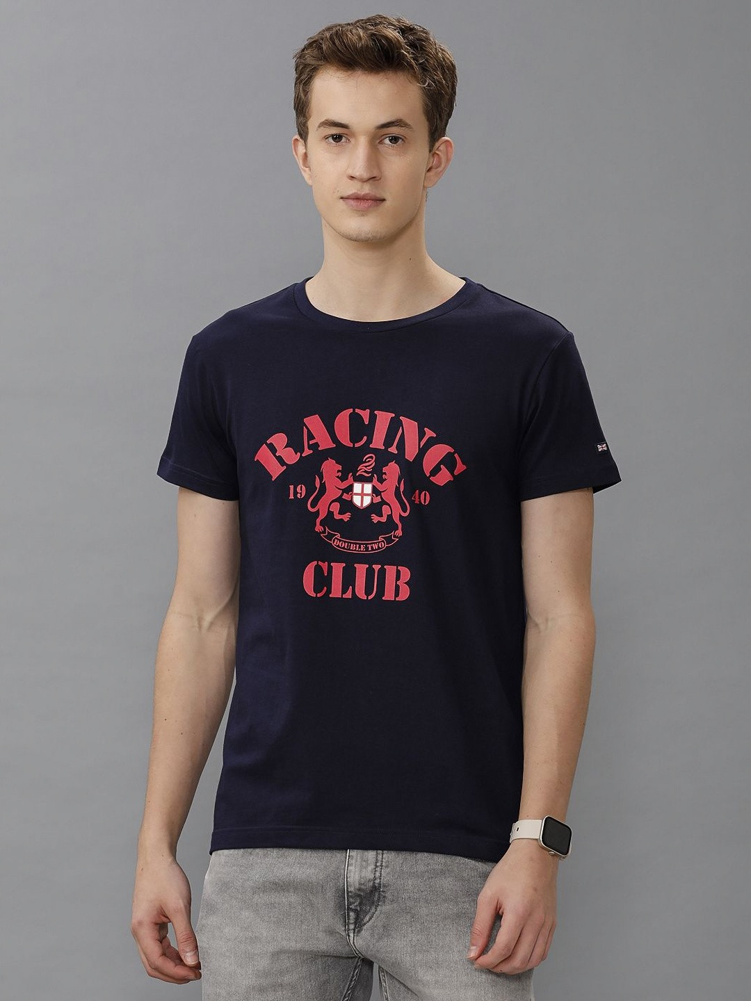 

Double Two Men Typography Printed Round Neck Cotton T-shirt, Navy blue