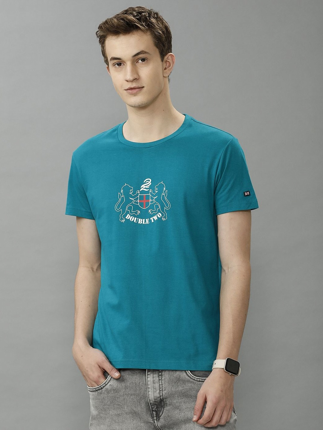 

Double Two Men Graphic Printed Round Neck Cotton T-shirt, Turquoise blue