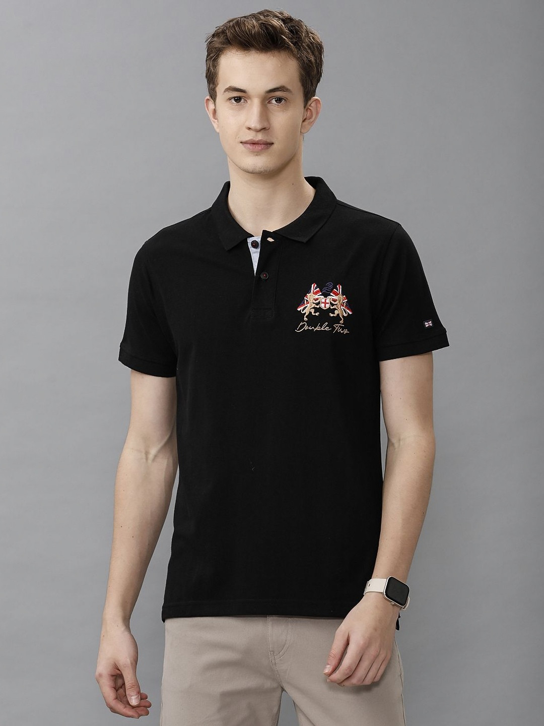 

Double Two Men Graphic Printed Polo Collar Cotton T-shirt, Black