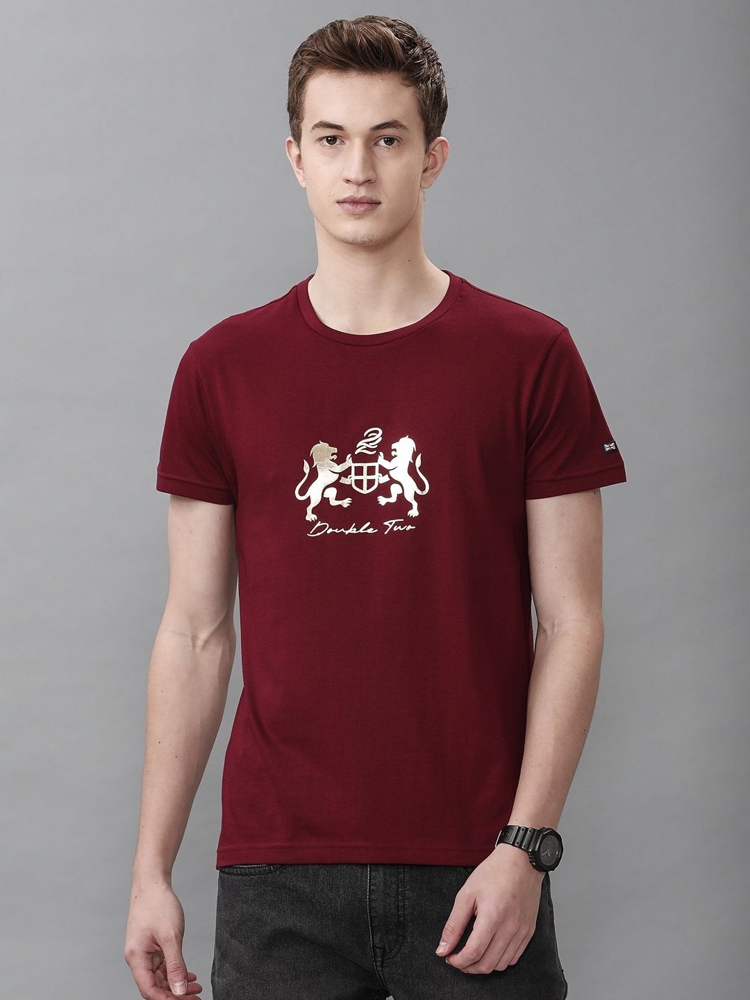 

Double Two Men Graphic Printed Round Neck Cotton T-shirt, Burgundy