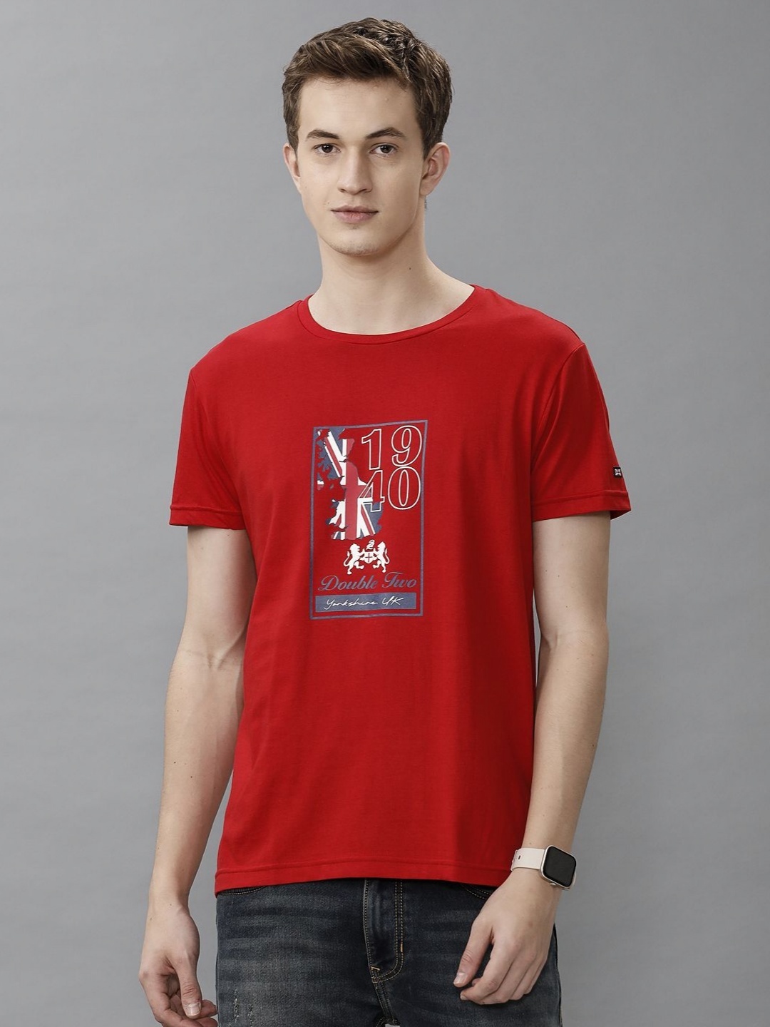 

Double Two Men Graphic Printed Round Neck Cotton T-shirt, Red