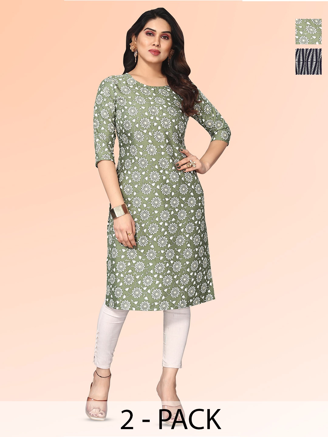 

KETAKI FASHION Selection Of 2 Floral Printed Round Neck Straight Kurtas, Green