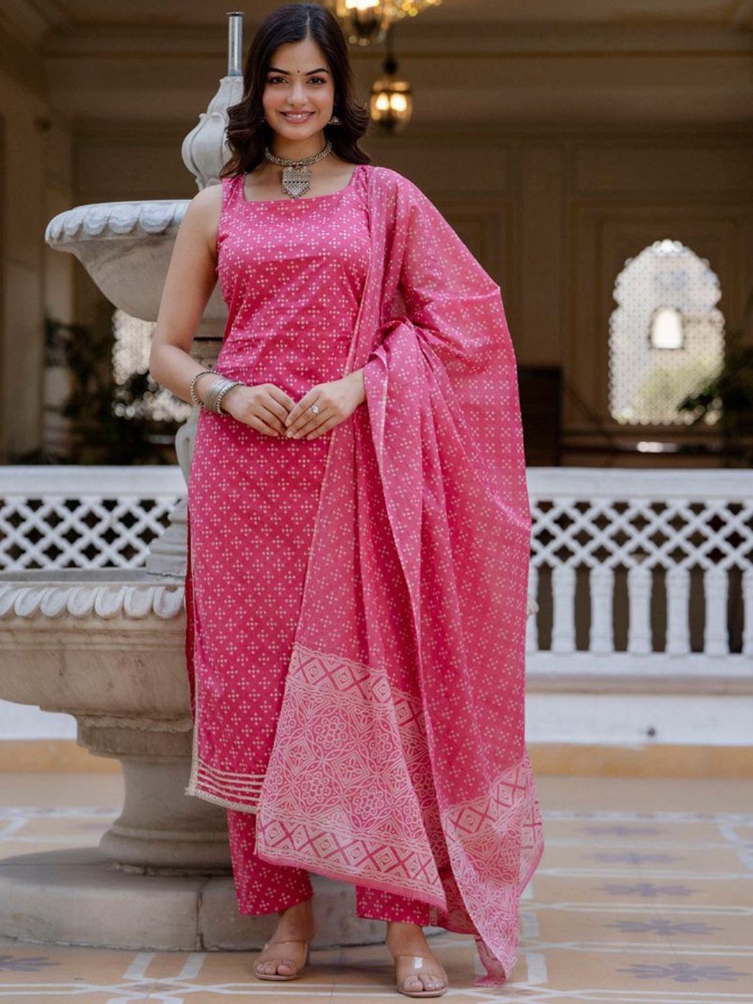 

Modestouze Attires Bandhani Printed Square Neck Straight Kurta With Trousers & Dupatta, Pink