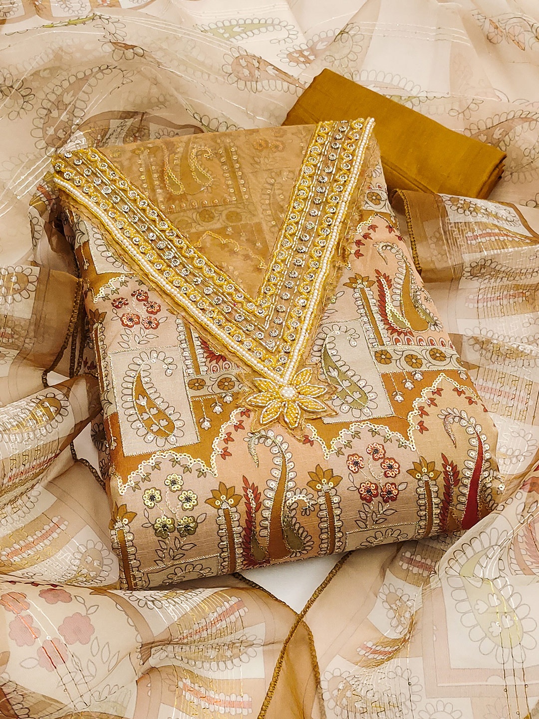 

MANVAA Paisley Printed Sequinned Organza Unstitched Dress Material, Mustard