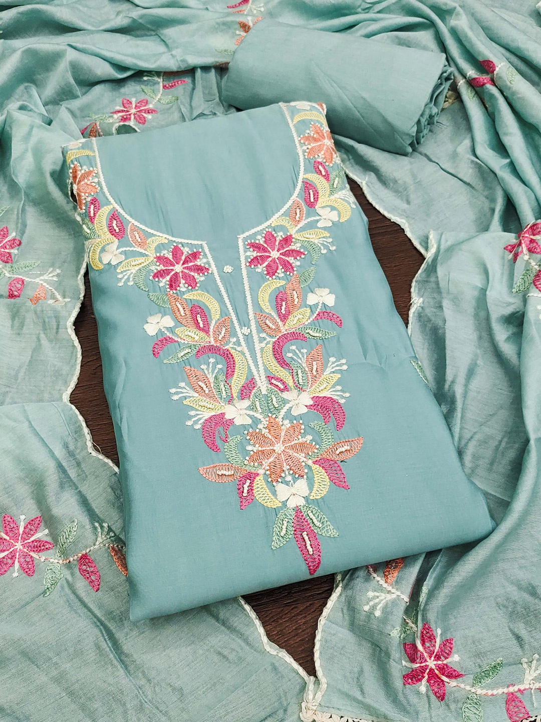 

MANVAA Floral Embroidered Unstitched Dress Material, Blue