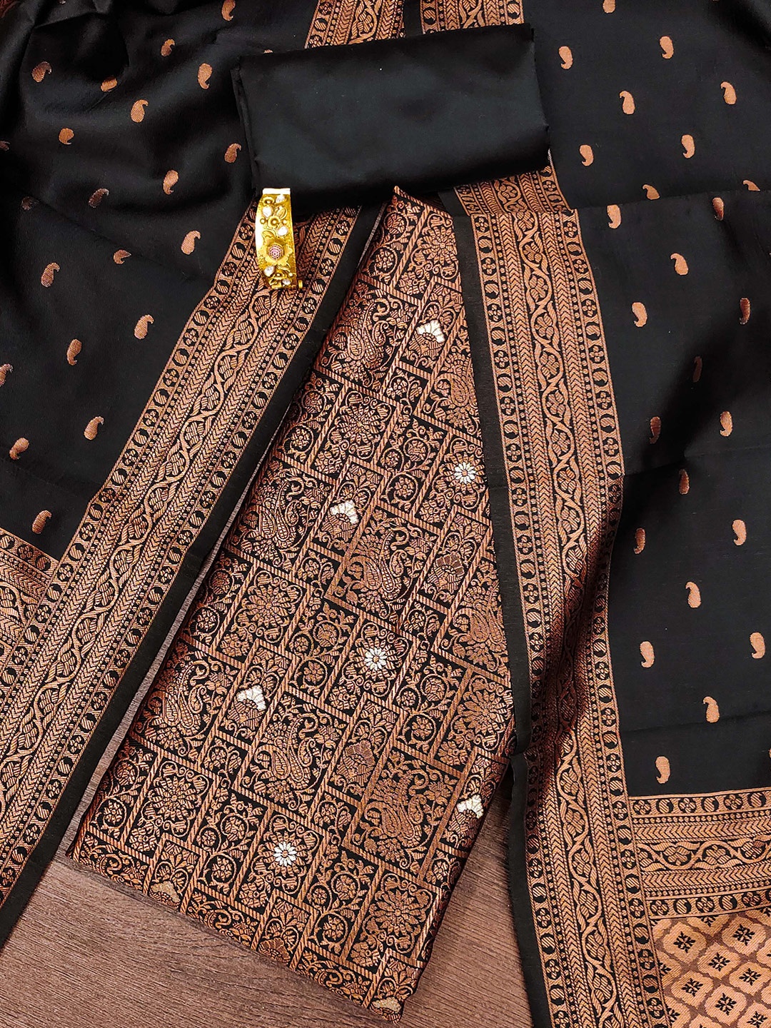 

MANVAA Paisley Woven Design Unstitched Dress Material, Black