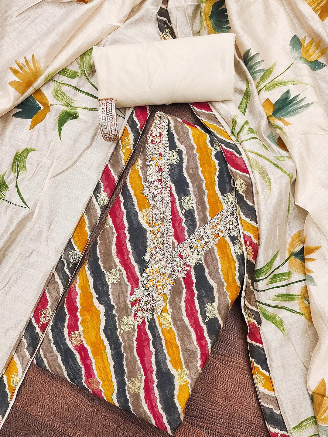 

MANVAA Leheriya Printed Sequinned Unstitched Dress Material, White