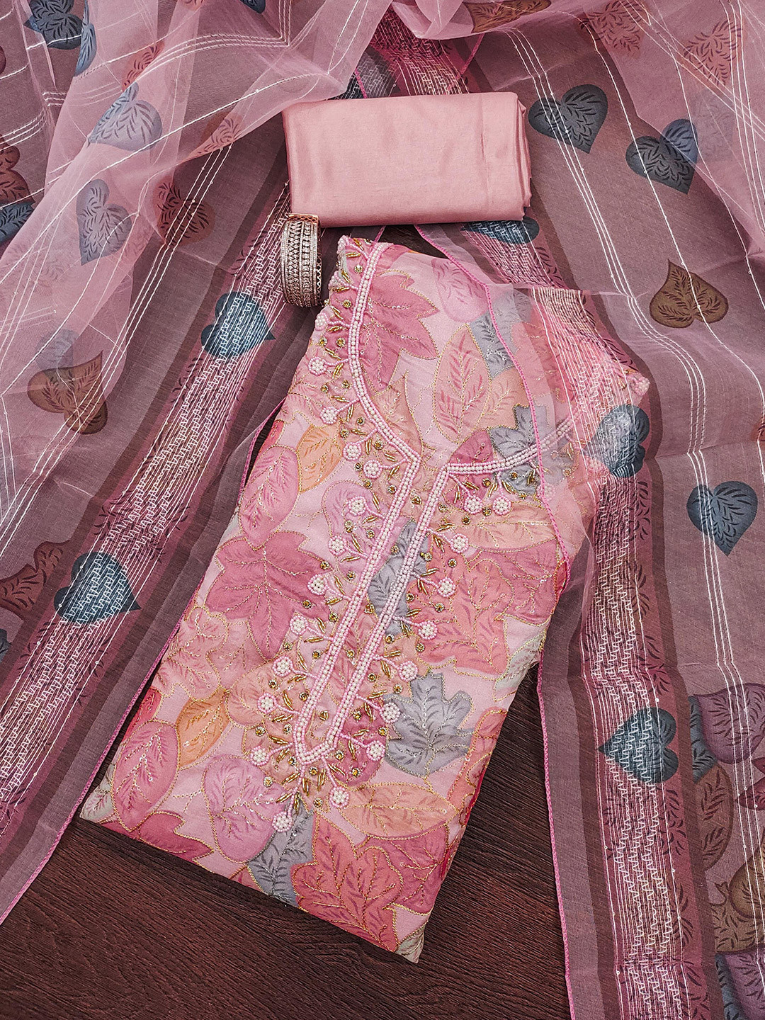 

MANVAA Floral Printed Beads and Stones Organza Unstitched Dress Material, Pink