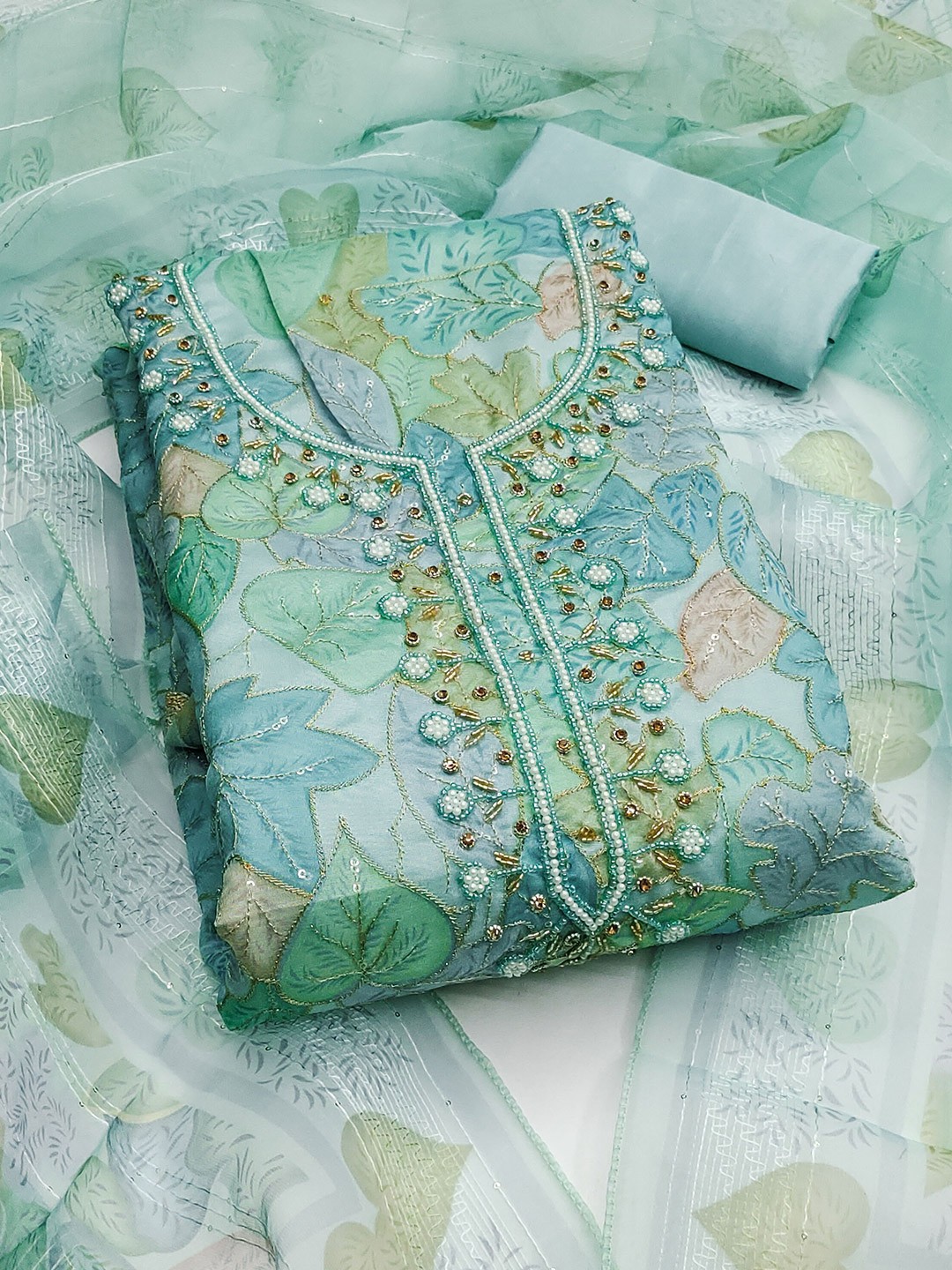 

MANVAA Floral Printed Beads Work Organza Unstitched Dress Material, Teal