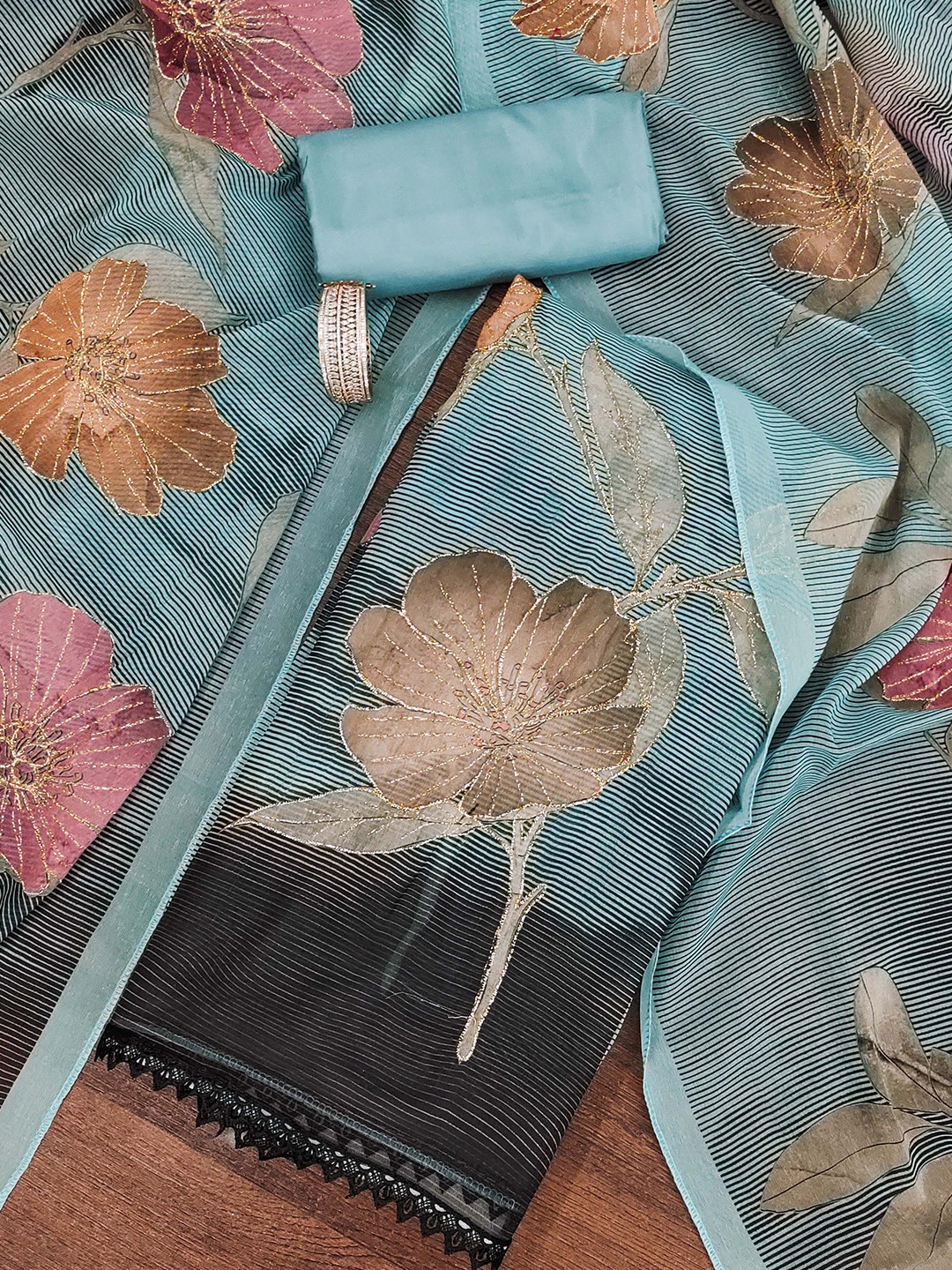 

MANVAA Floral Printed Zari Work Organza Unstitched Dress Material, Teal