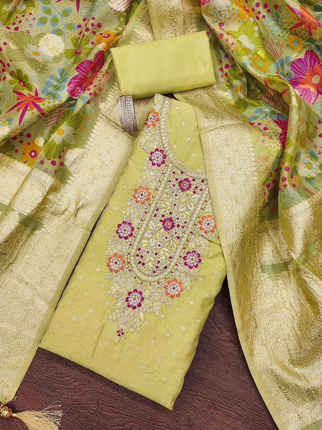 

MANVAA Floral Woven Design Zari Unstitched Dress Material, Lime green