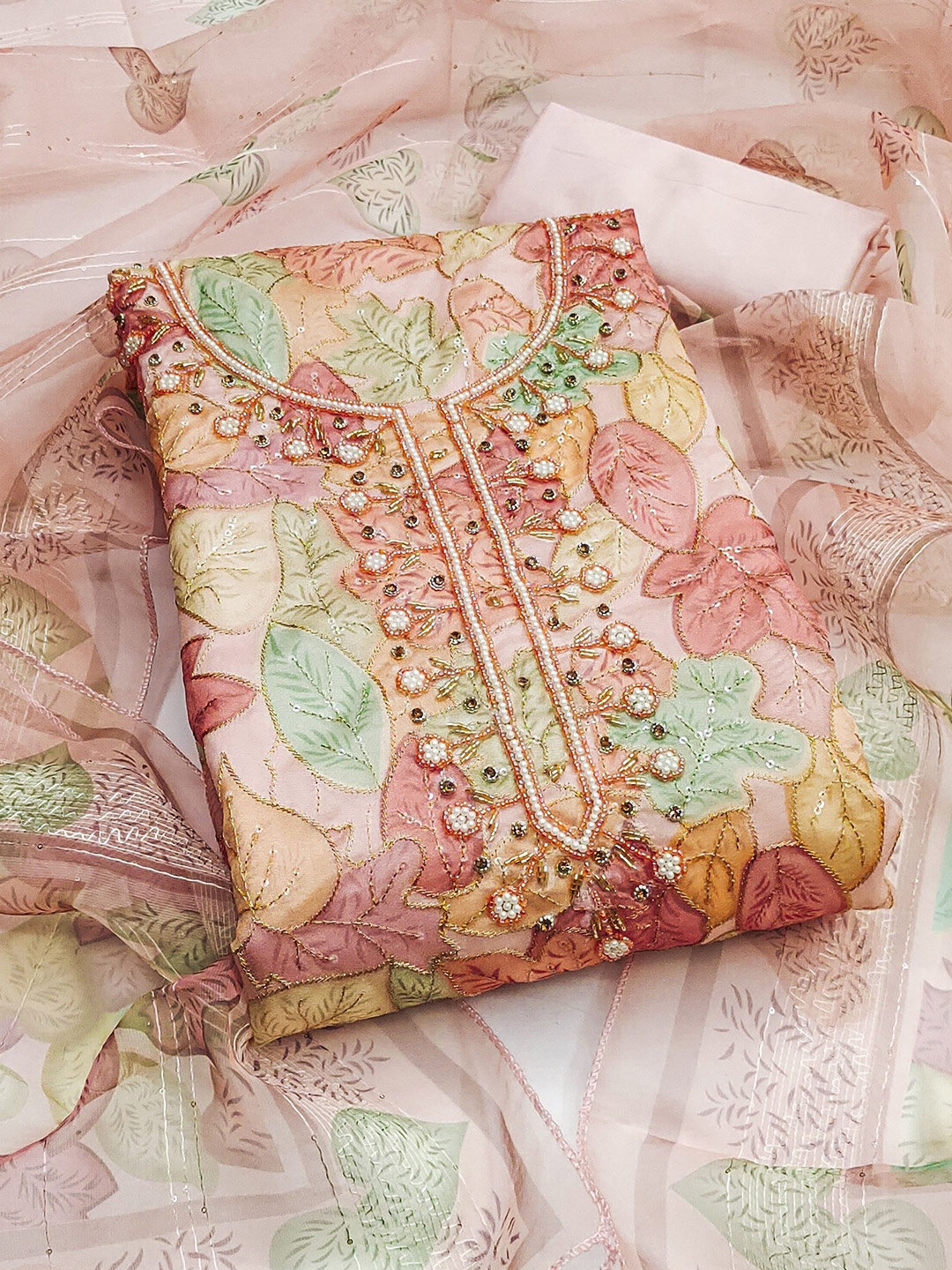 

MANVAA Floral Printed Beads Work Organza Unstitched Dress Material, Peach