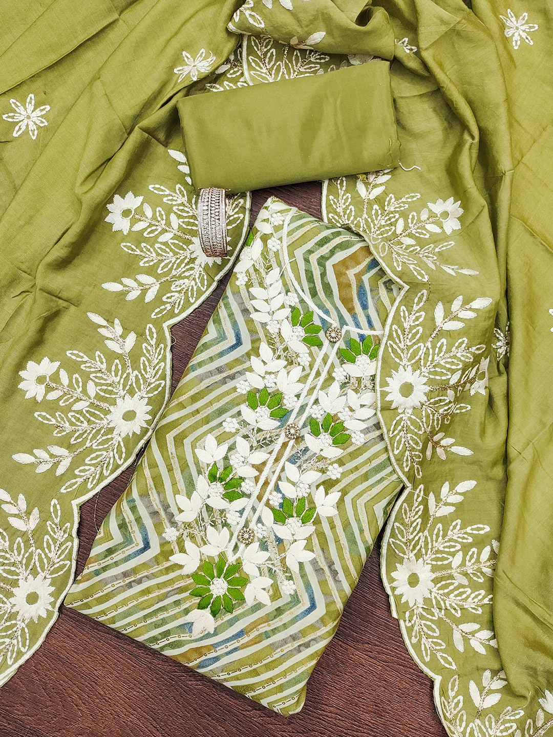 

MANVAA Chevron Printed Unstitched Dress Material, Green
