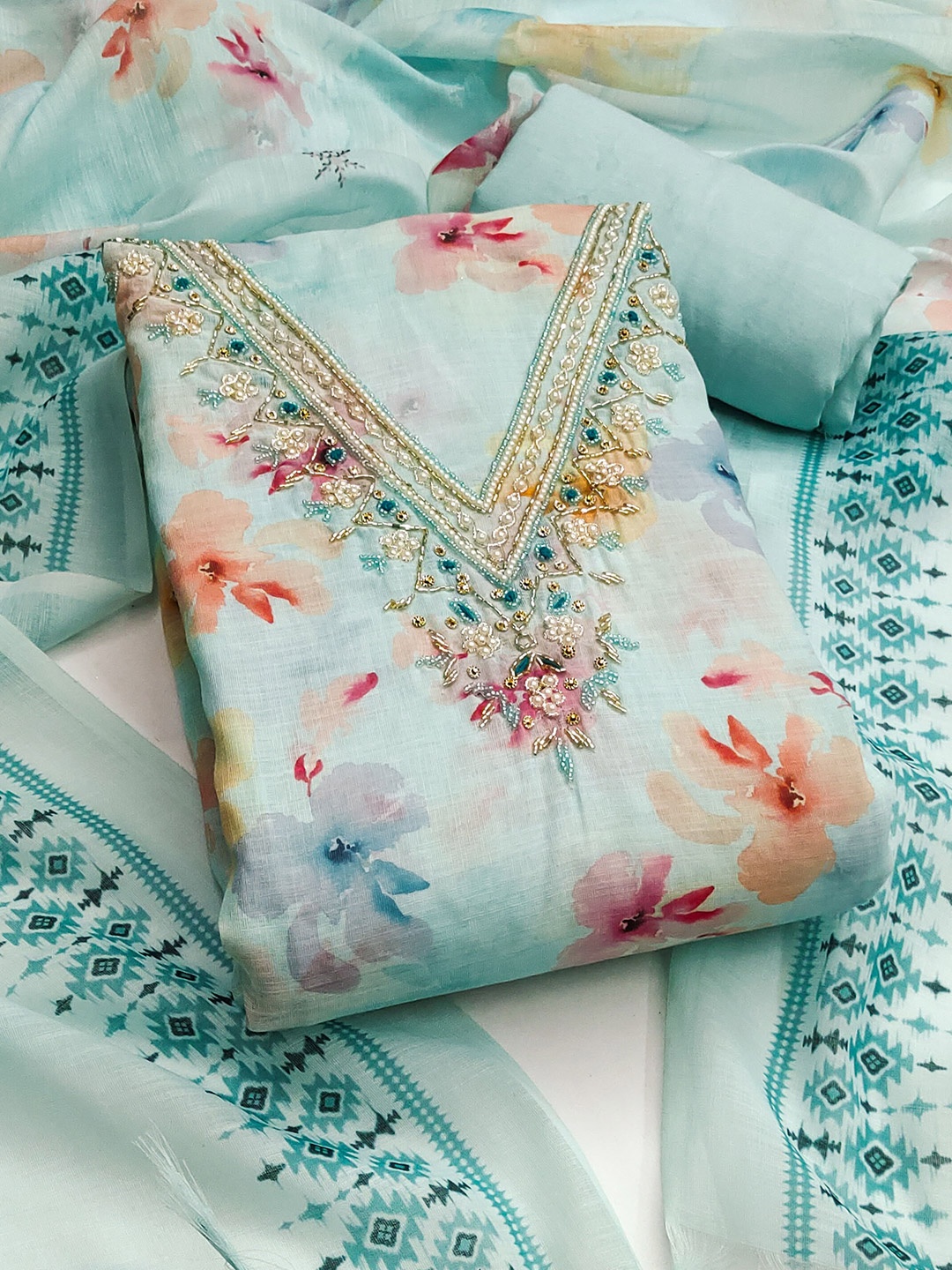 

MANVAA Floral Printed Beads Unstitched Dress Material, Blue