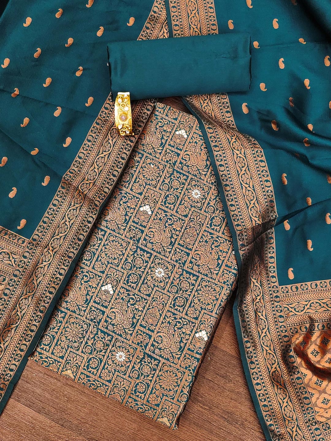 

MANVAA Paisley Woven Design Zari Work Unstitched Dress Material, Teal