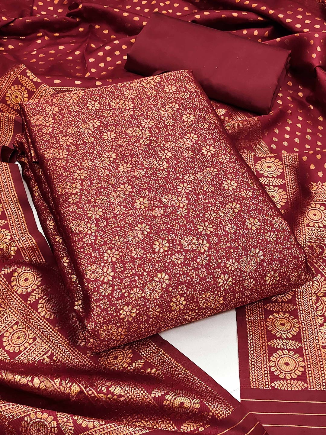 

MANVAA Floral Woven Design Zari Unstitched Dress Material, Red