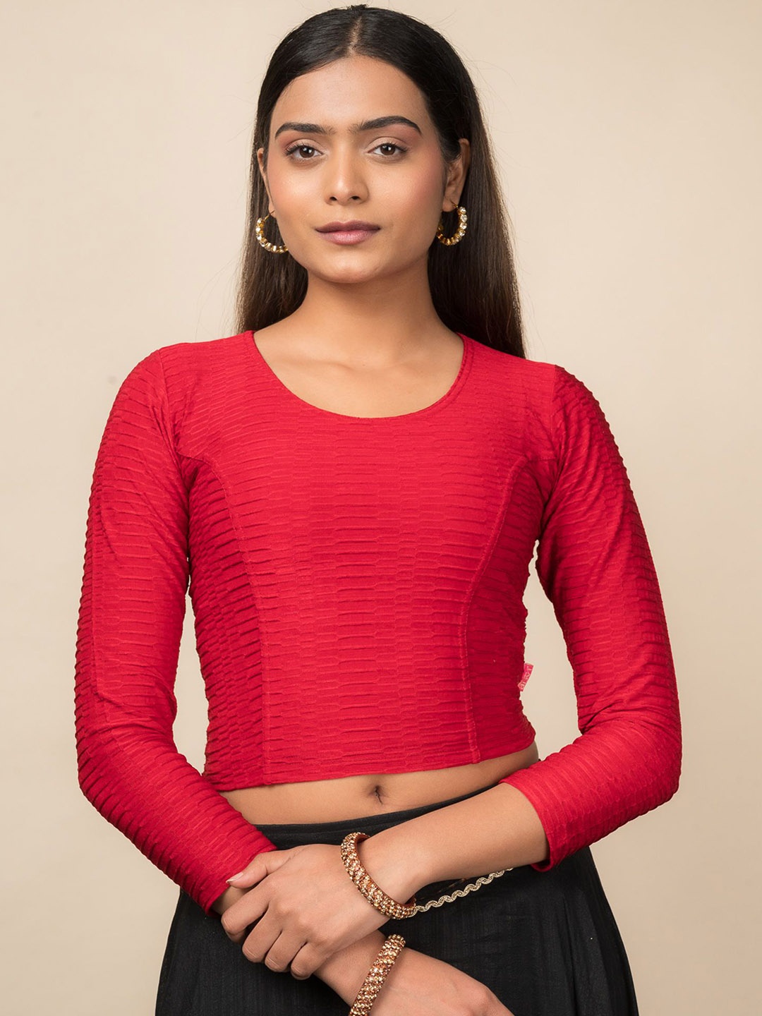 

Bindigasm's Advi Self design High Back Long Sleeve Stretchable Saree Blouse, Red
