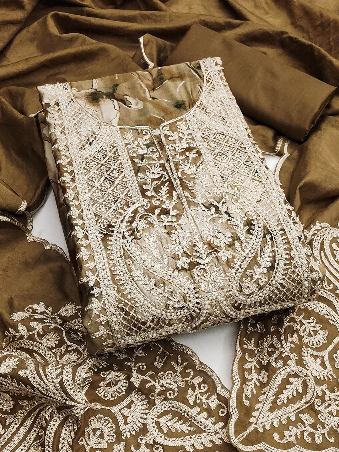 

MANVAA Paisley Embroidered Beads and Stones Unstitched Dress Material, Brown