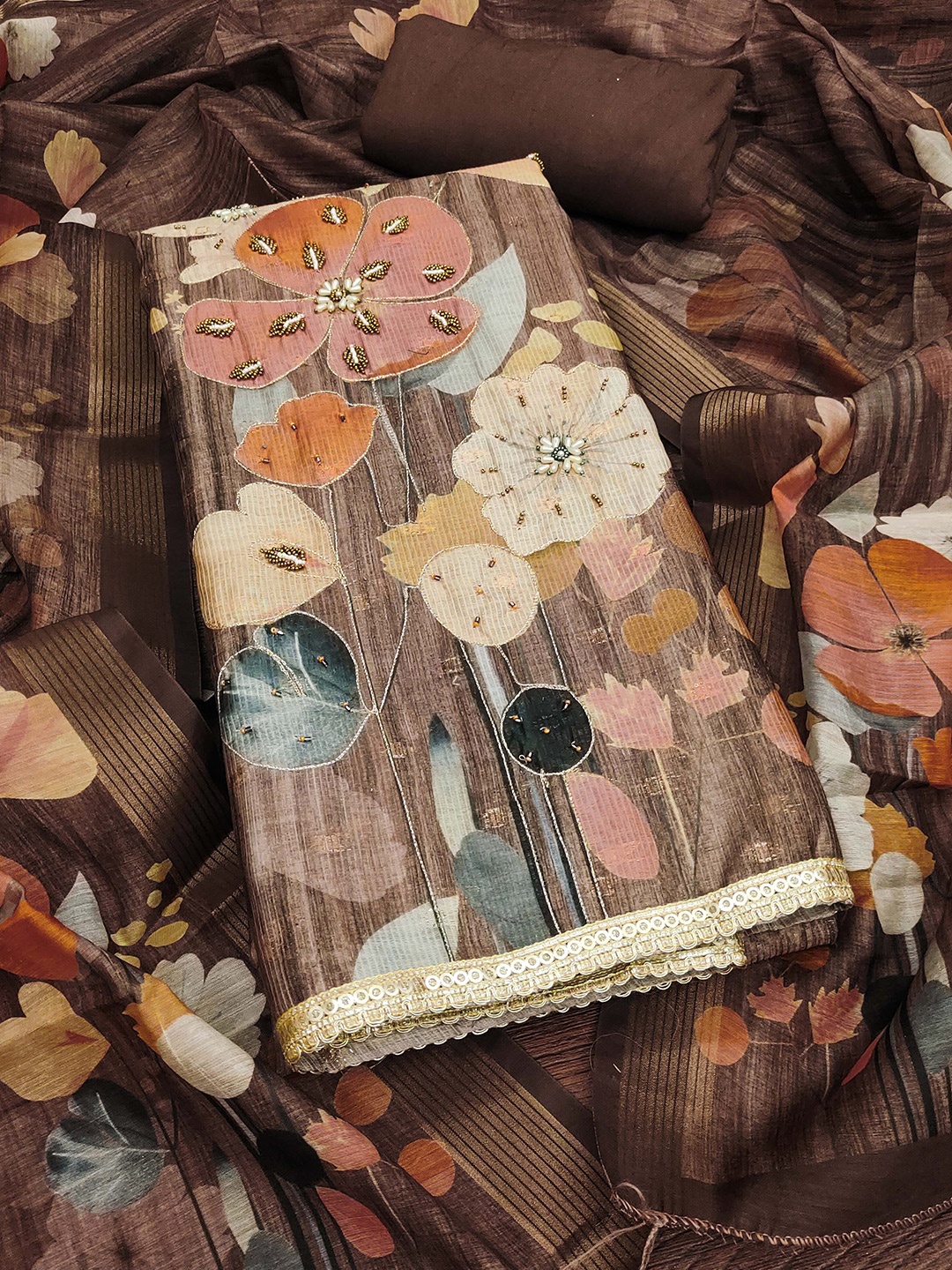 

MANVAA Floral Embroidered Unstitched Dress Material, Brown