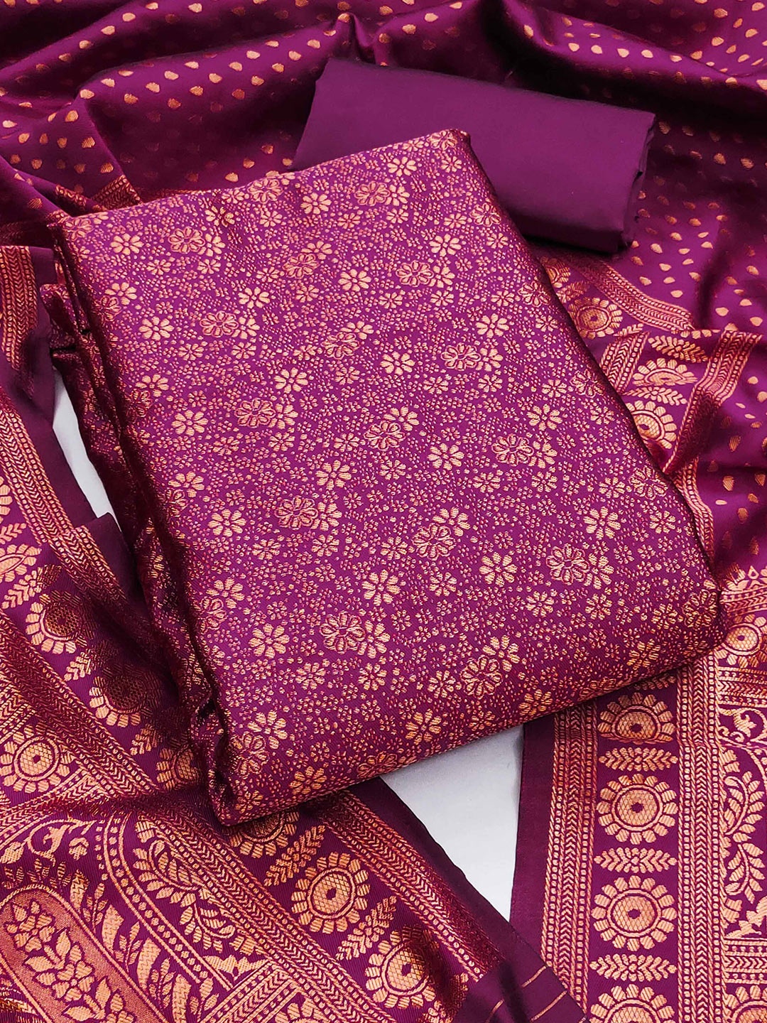 

MANVAA Floral Woven Design Zari Jacquard Silk Unstitched Dress Material, Pink