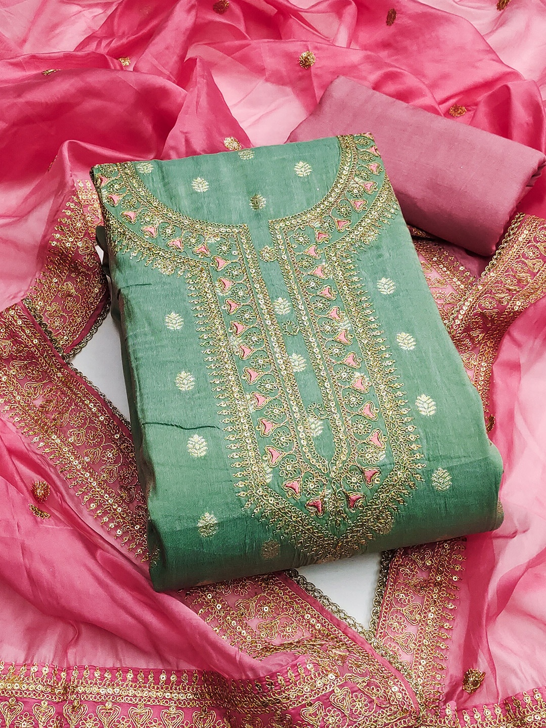 

MANVAA Ethnic Motifs Embroidered Sequinned Unstitched Dress Material, Green