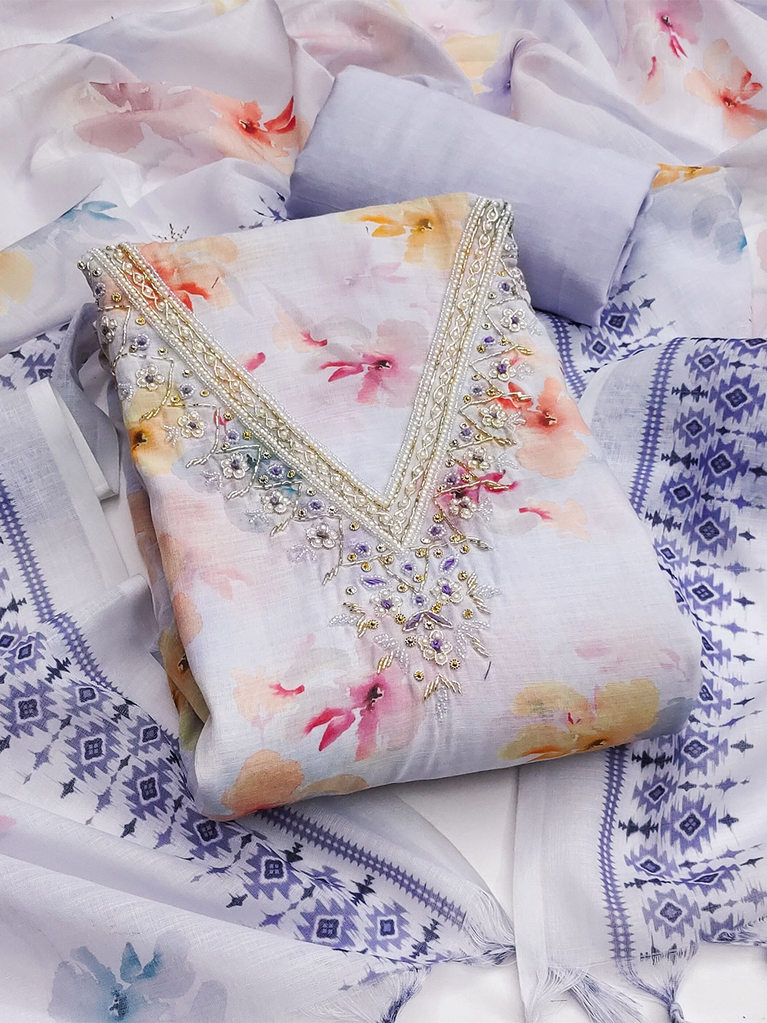 

MANVAA Floral Printed Beads and Stones Unstitched Dress Material, Lavender