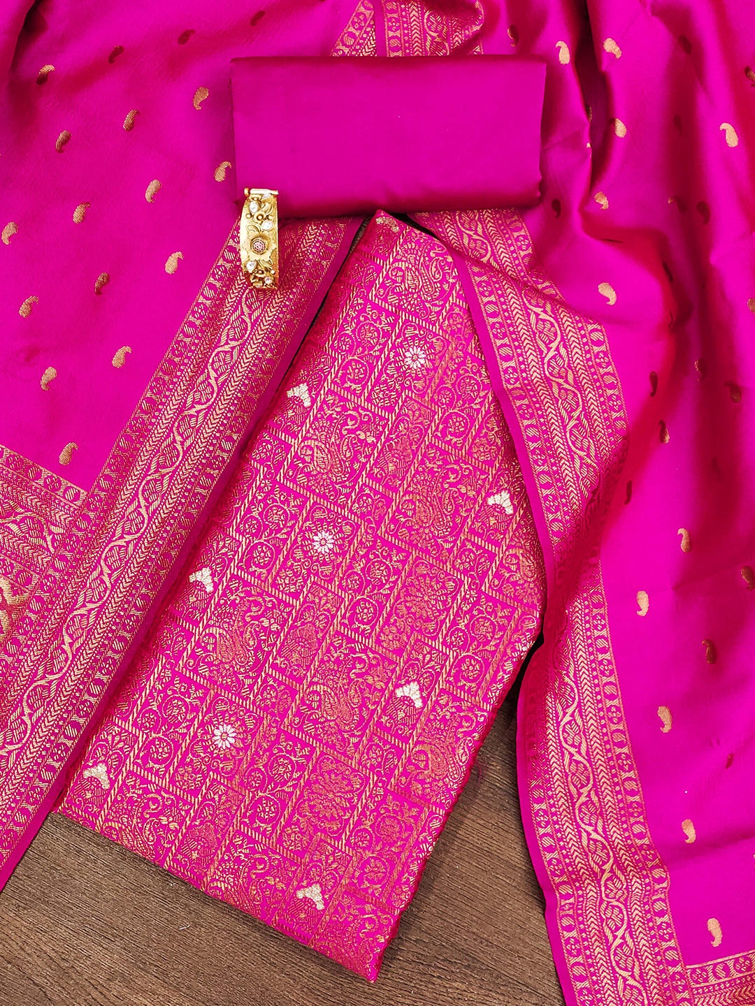 

MANVAA Ethnic Motifs Woven Design Unstitched Dress Material, Pink