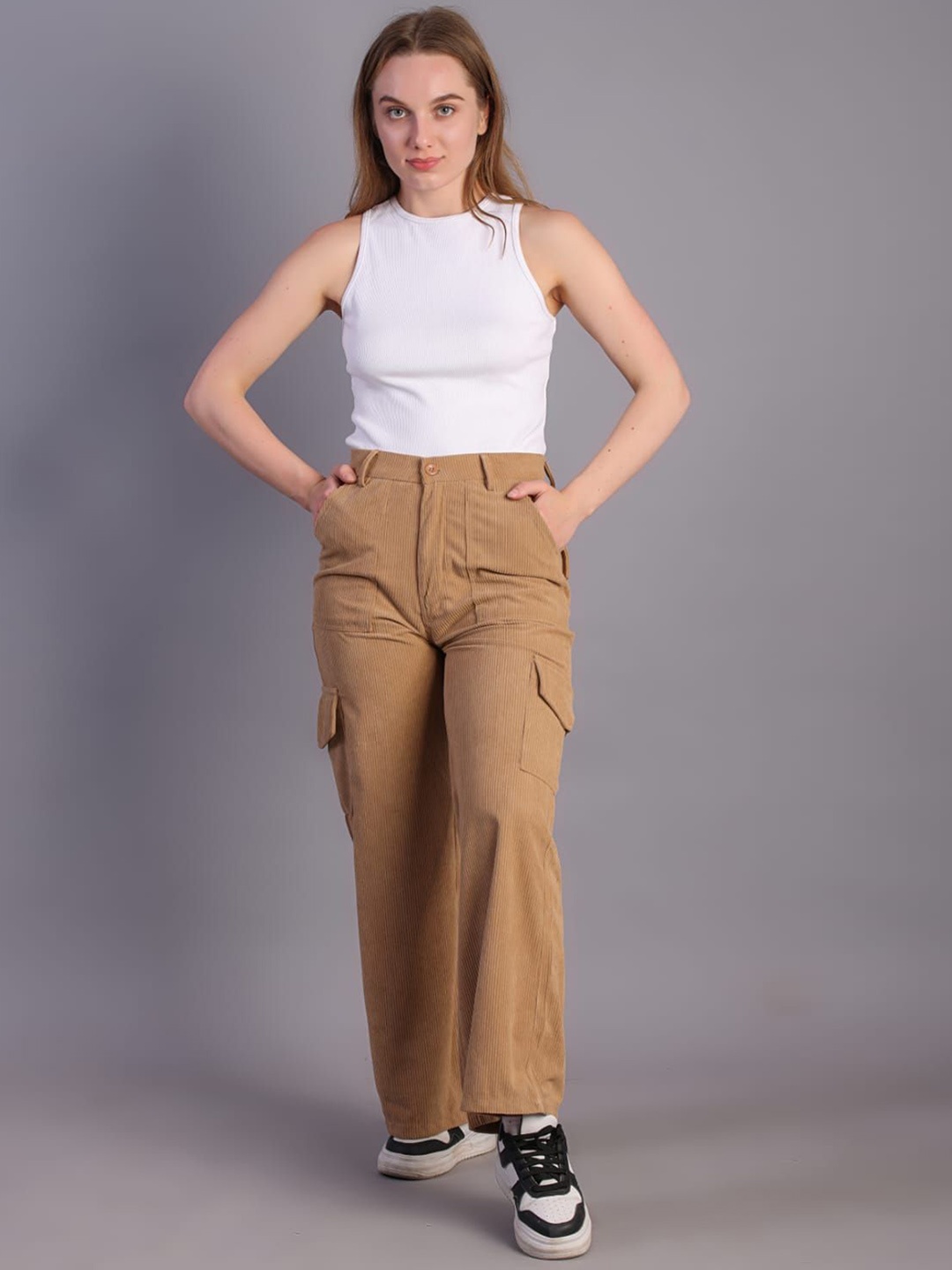HIGH BUY Women Relaxed High-Rise Corduroy Cargos Trousers, Tan