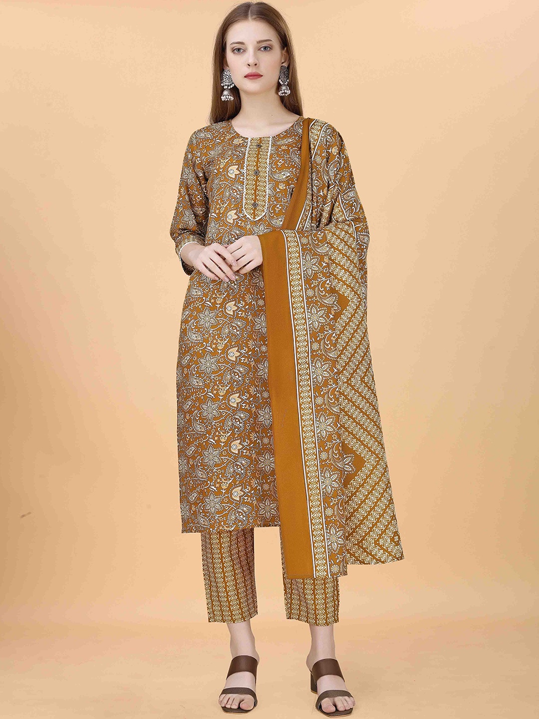 

Anouk Yellow Floral Printed Straight Kurta With Trousers And Dupatta
