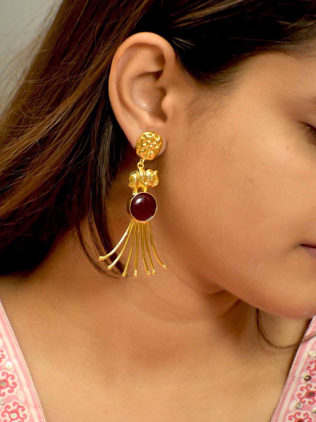 

TISHUL JEWELS Gold-Plated Artificial Beads Contemporary Drop Earrings, Maroon