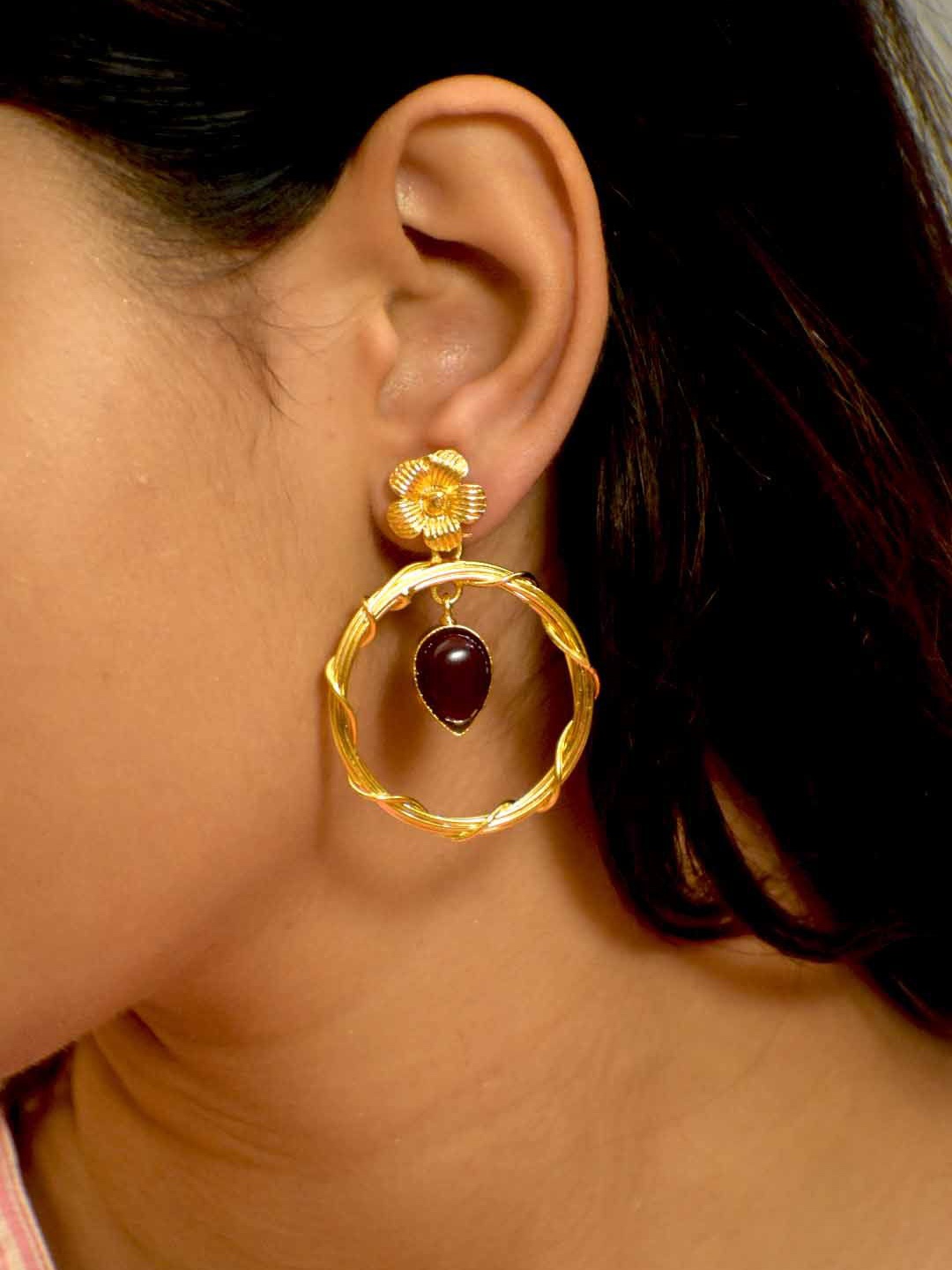 

TISHUL JEWELS Gold-Plated Artificial Beads Circular Shaped Drop Earrings, Maroon
