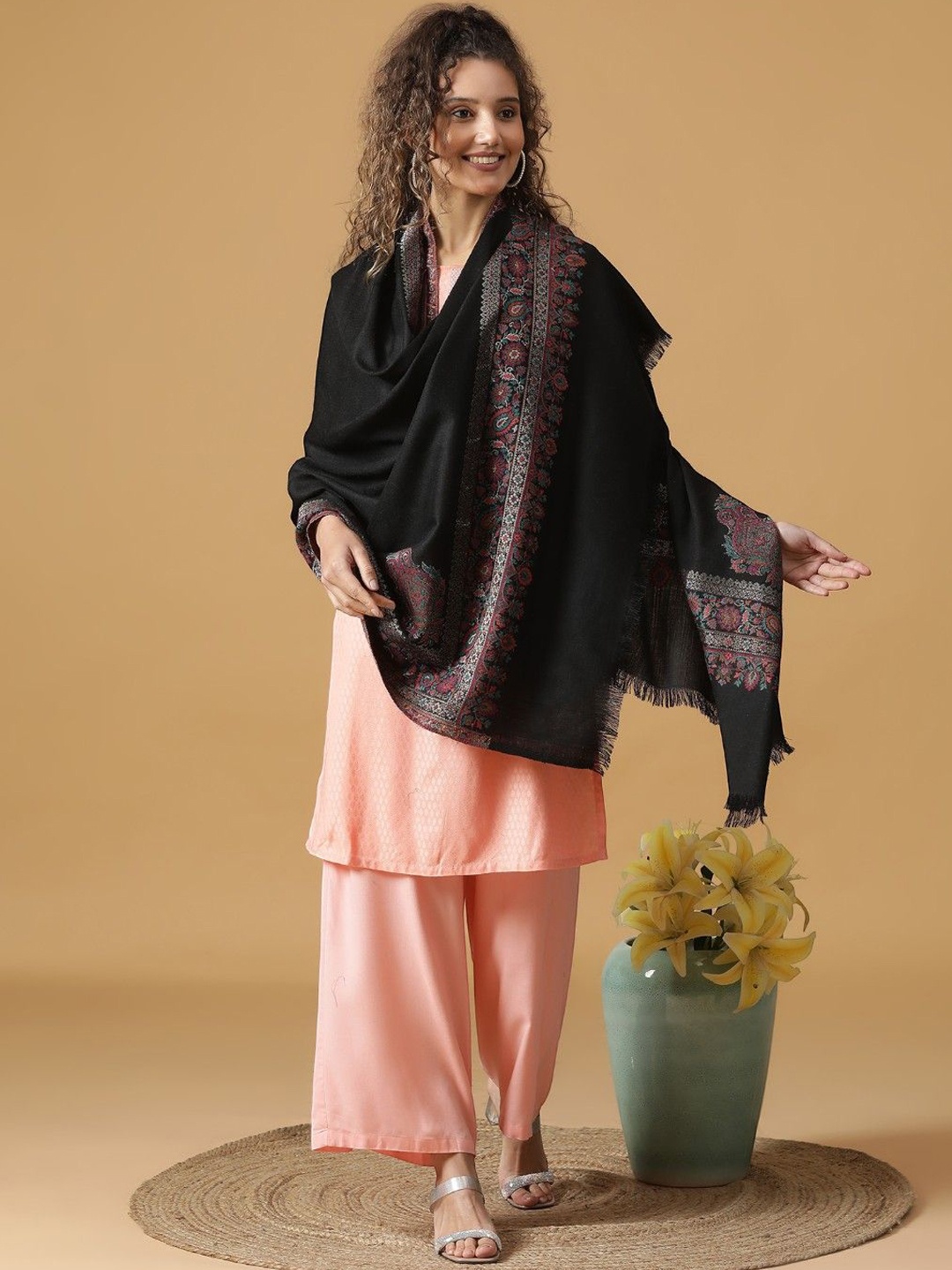 

Tiara Floral Woven Design Glimmer Meets Kani Shawl, Black