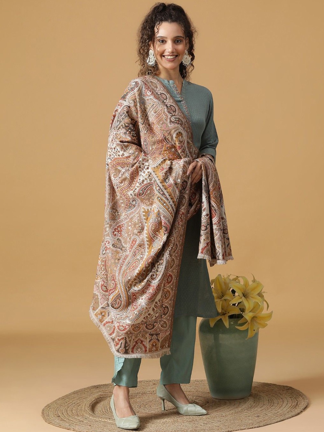 

Tiara Kani Crafting a Regal Fashion Legacy Floral Woven Design Woollen Shawl, Off white