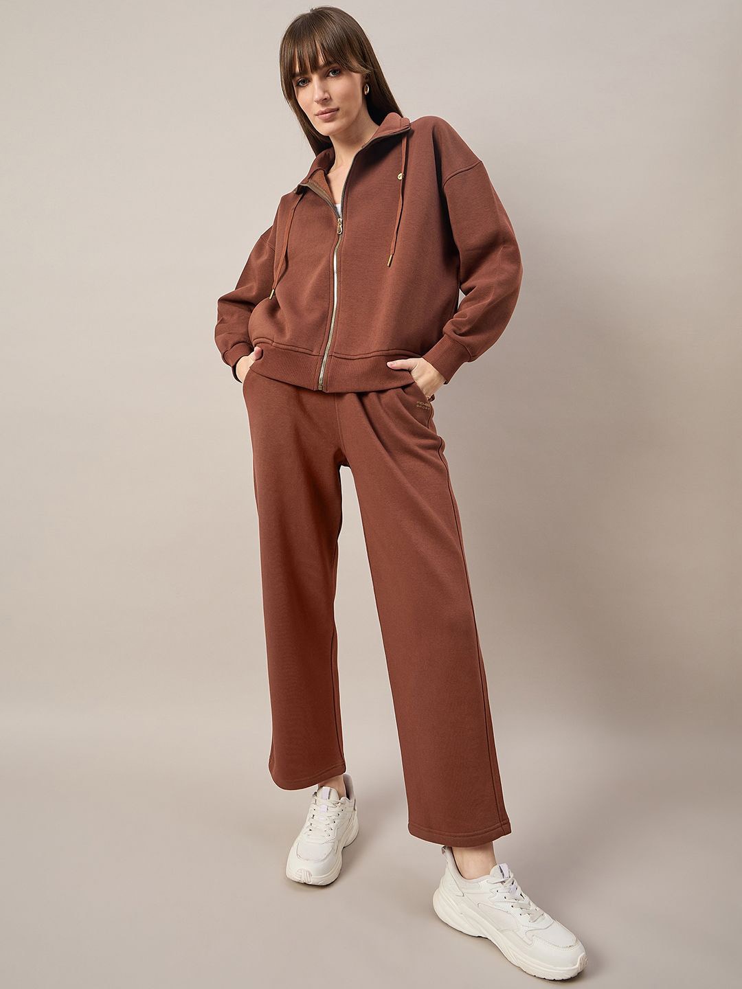 

FEMEA Mock Collar Drop Shoulder Tracksuit, Brown