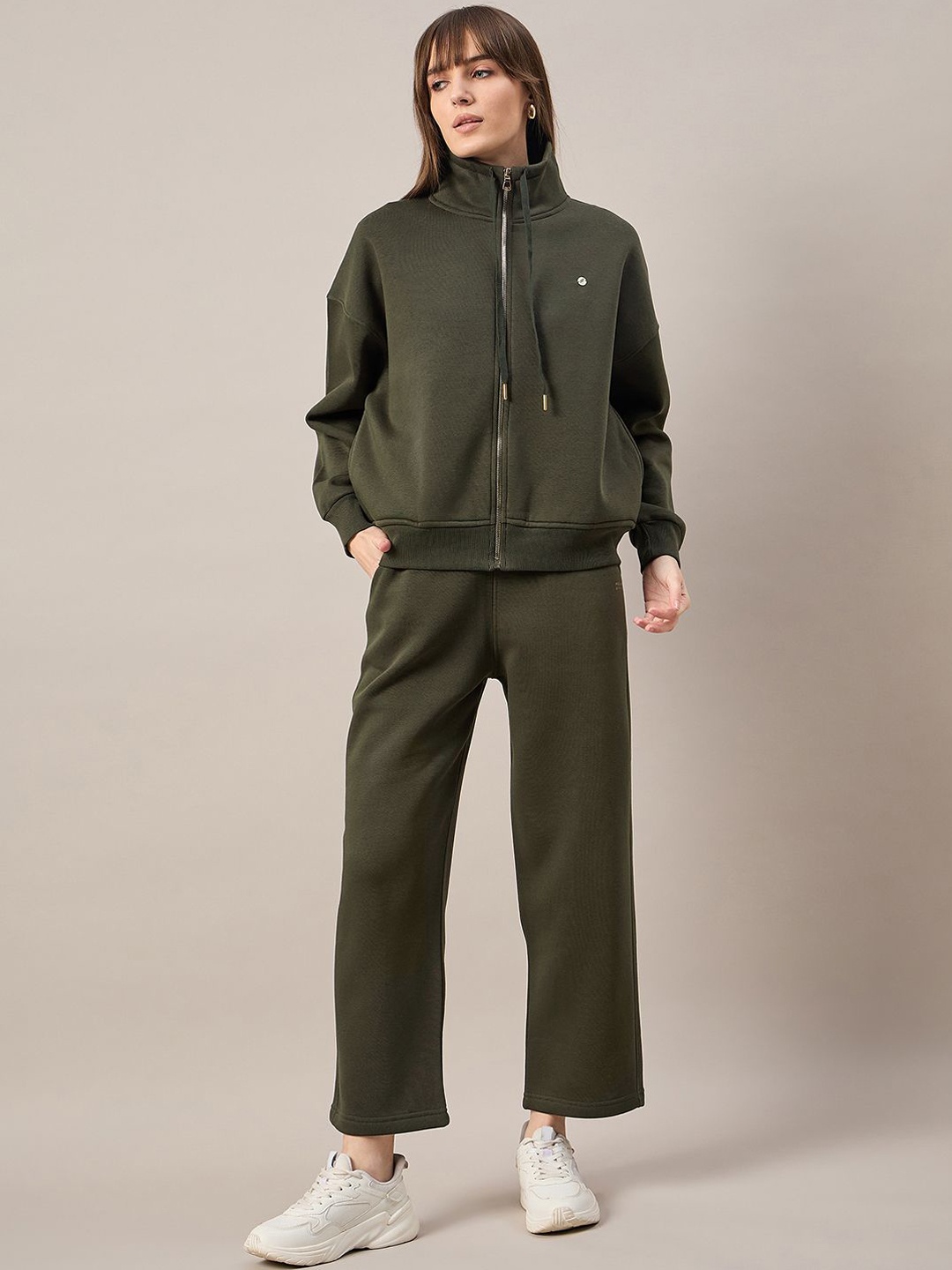 

Femea Women Mock Collar Drop shoulder Track Suit, Olive