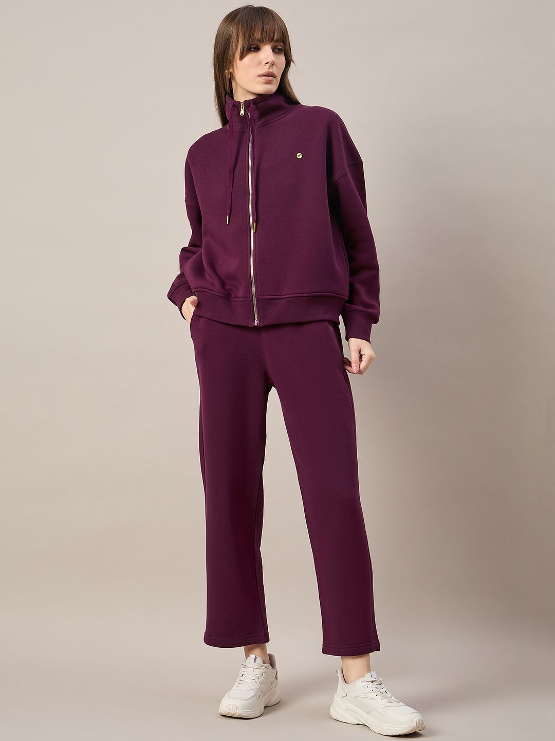 

FEMEA Women Mock Collar Drop Shoulder Tracksuit, Burgundy