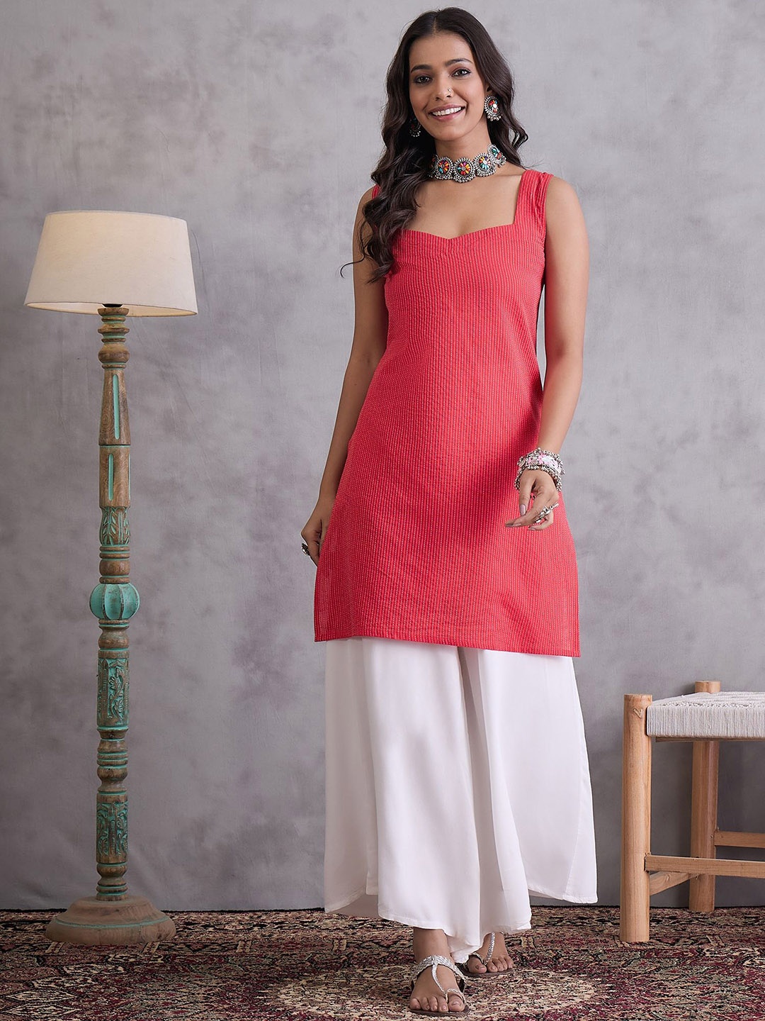 

InWeave Striped Sweetheart Neck Kantha Work Pure Cotton Straight Kurti With Palazzo, Red