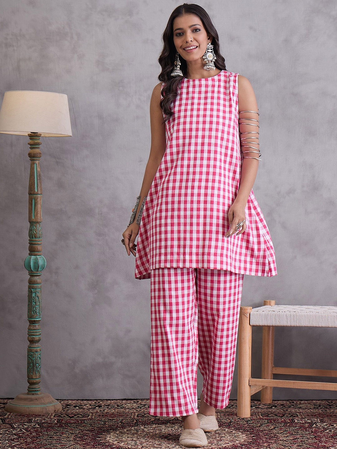 

InWeave Checked Round Neck Pure Cotton Tunic & Trouser, Pink