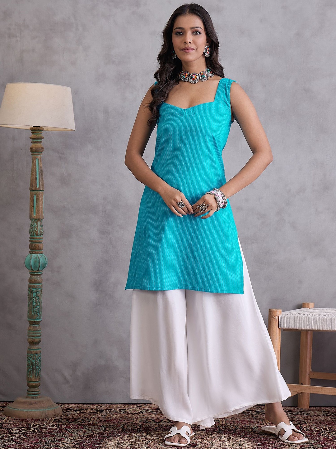 

InWeave Striped Sweetheart Neck Pure Cotton Straight Kurta With Palazzo, Blue