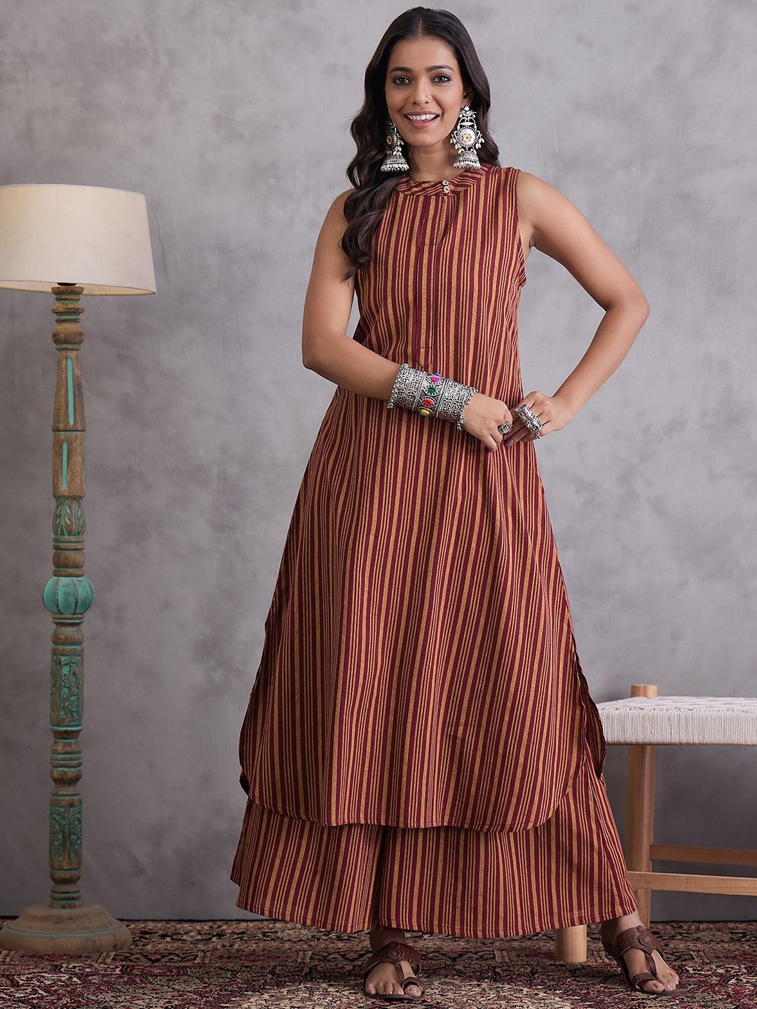 

InWeave Striped Pure Cotton A-Line Kurta With Palazzo, Maroon