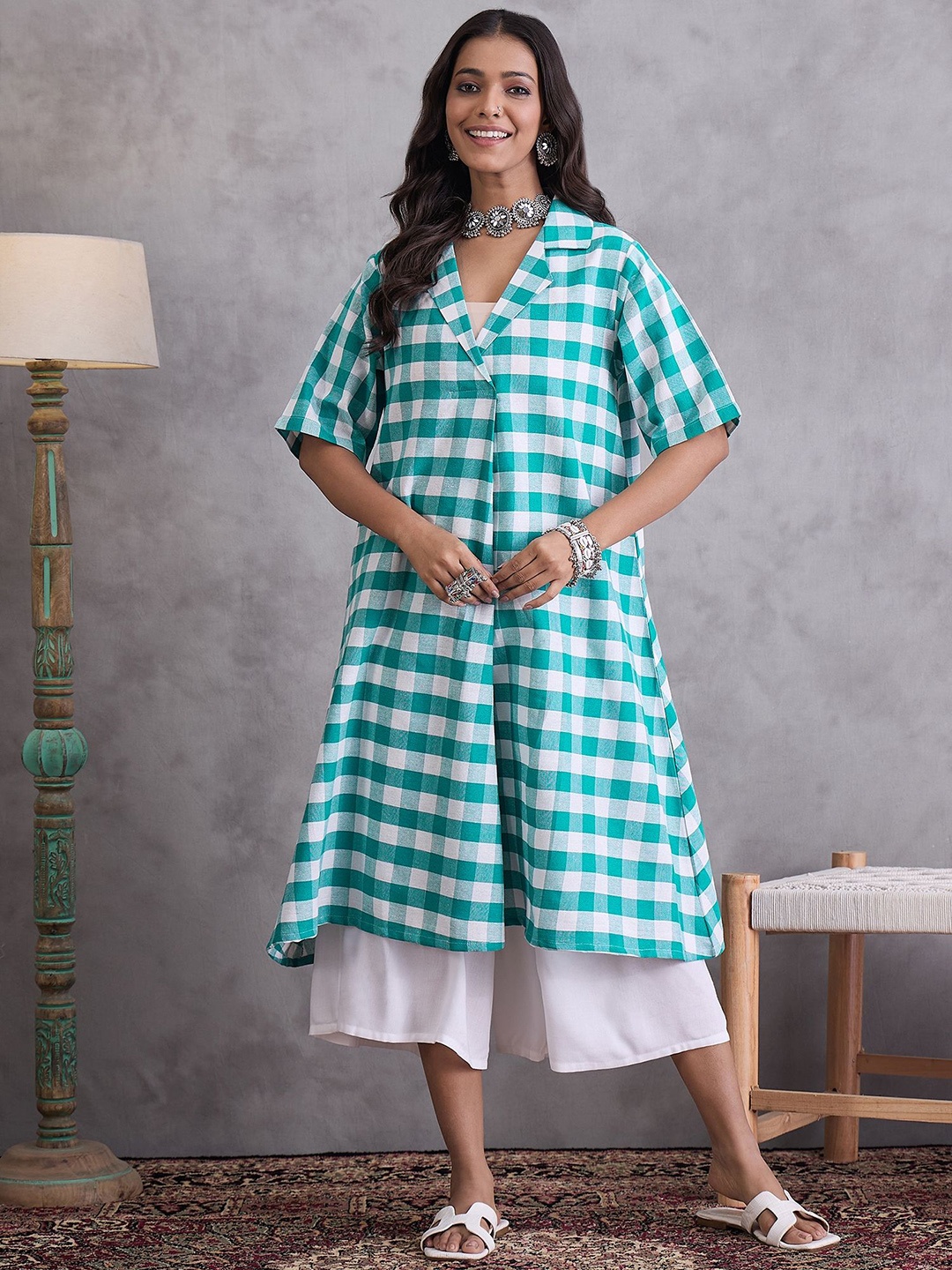 

InWeave Checked Pure Cotton A-Line Kurta With Palazzo, Blue