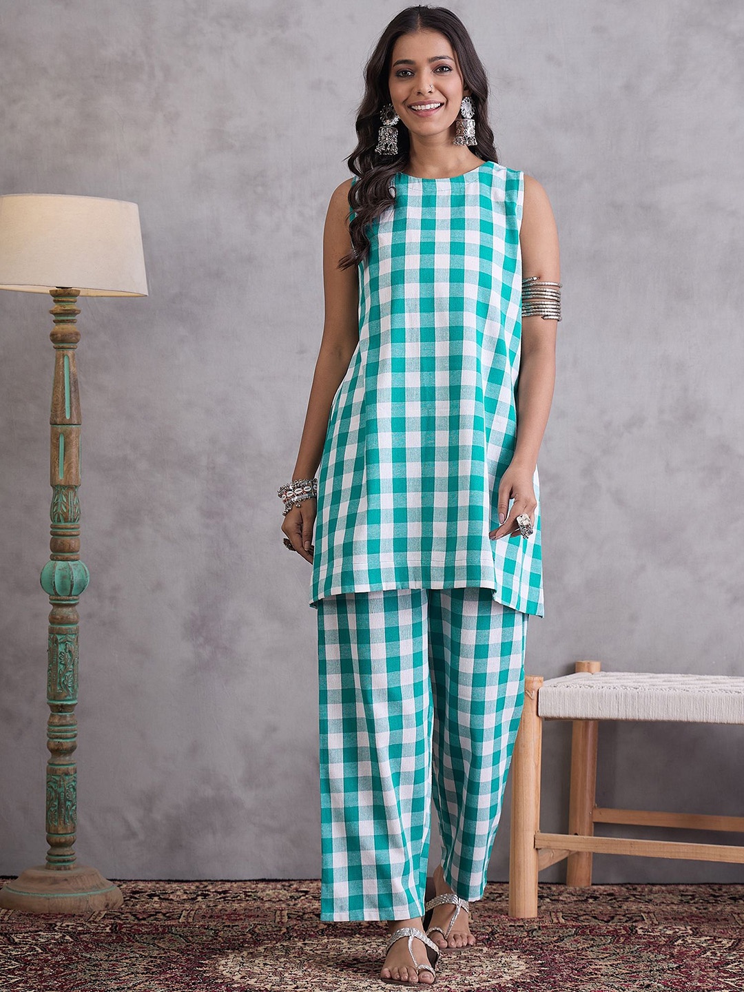 

InWeave Checked Sleeveless Cotton Tunic & Trousers, Blue