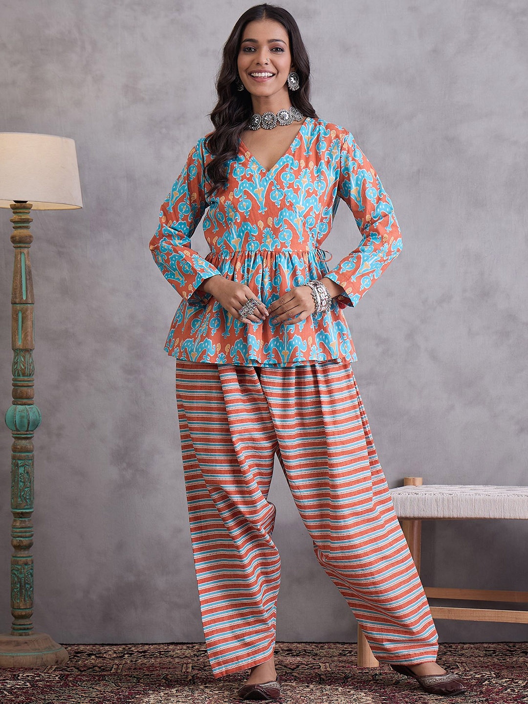 

InWeave Ethnic Motifs Printed Angrakha Pure Cotton A-Line Kurti With Palazzo, Blue