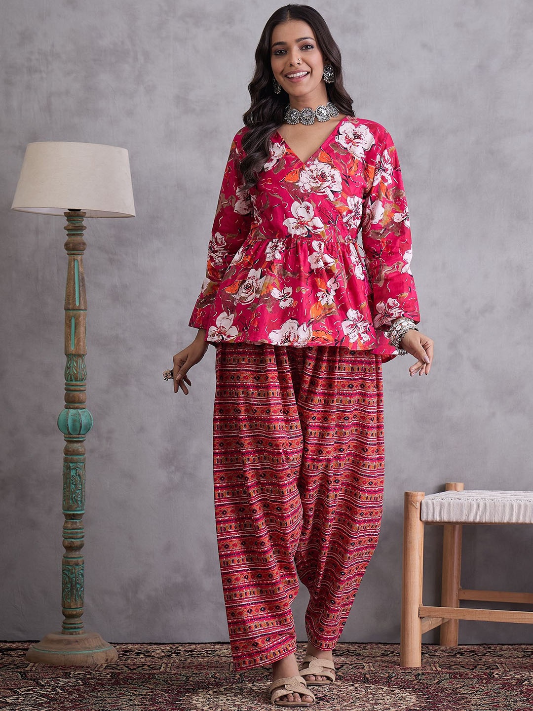 

InWeave Floral Printed Angrakha Pure Cotton A-Line Kurti With Palazzo, Pink