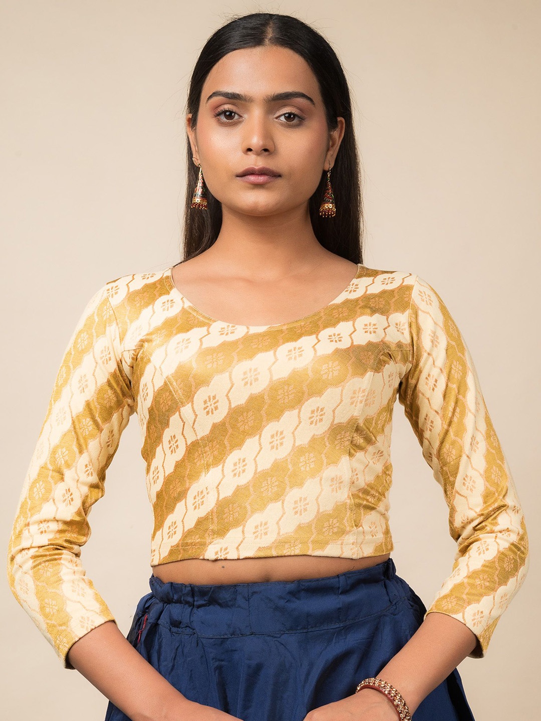 

Bindigasm's Advi Women Long Sleeve Stretchable Saree Blouse, Beige