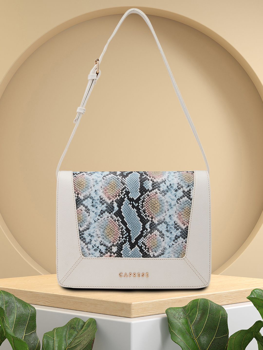 

Caprese Women Animal Printed Structured Shoulder Bag, Cream