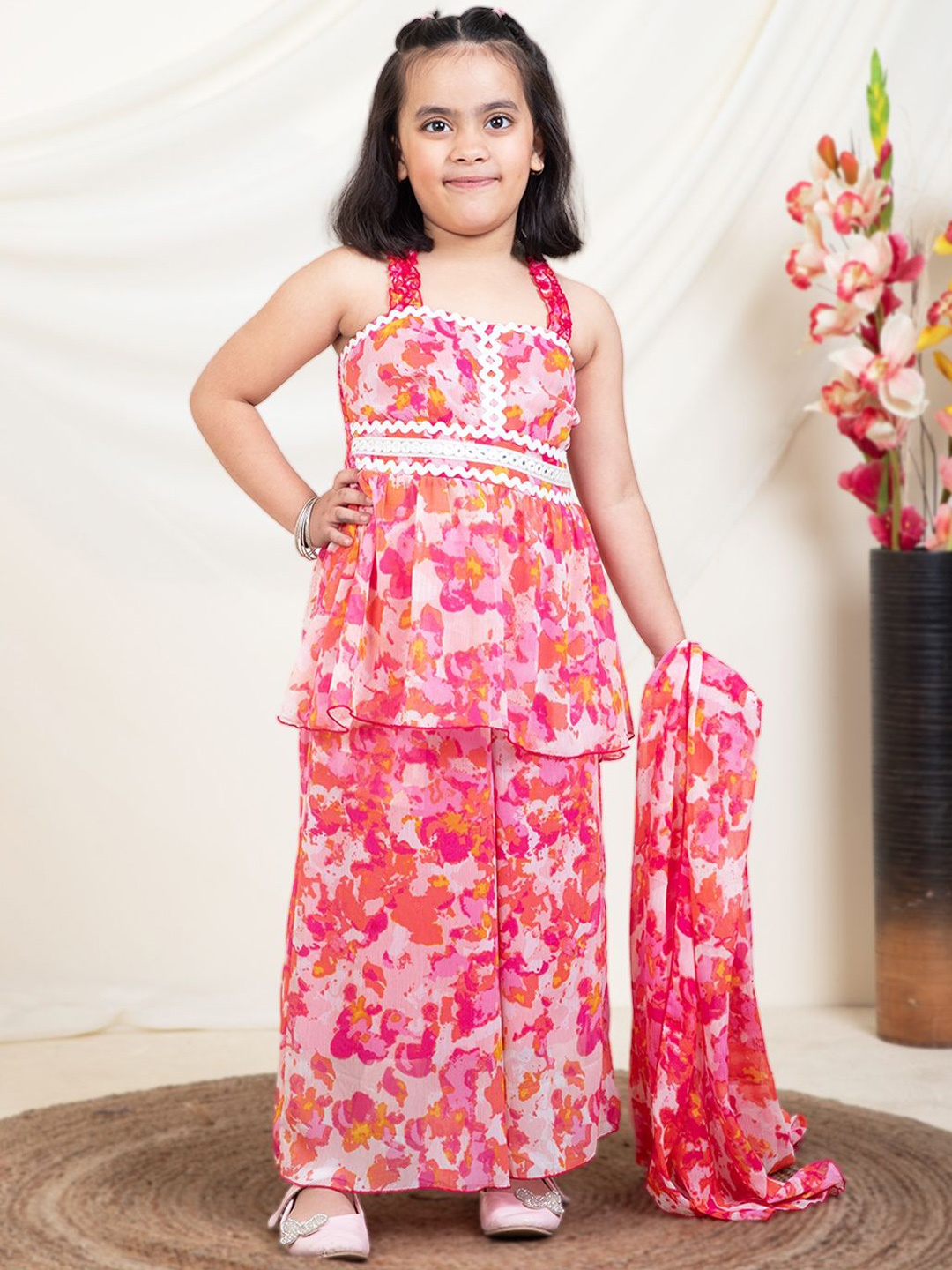 

Bugandbees Girls Floral Printed Square Neck Peplum Top & Palazzo With Dupatta, Pink